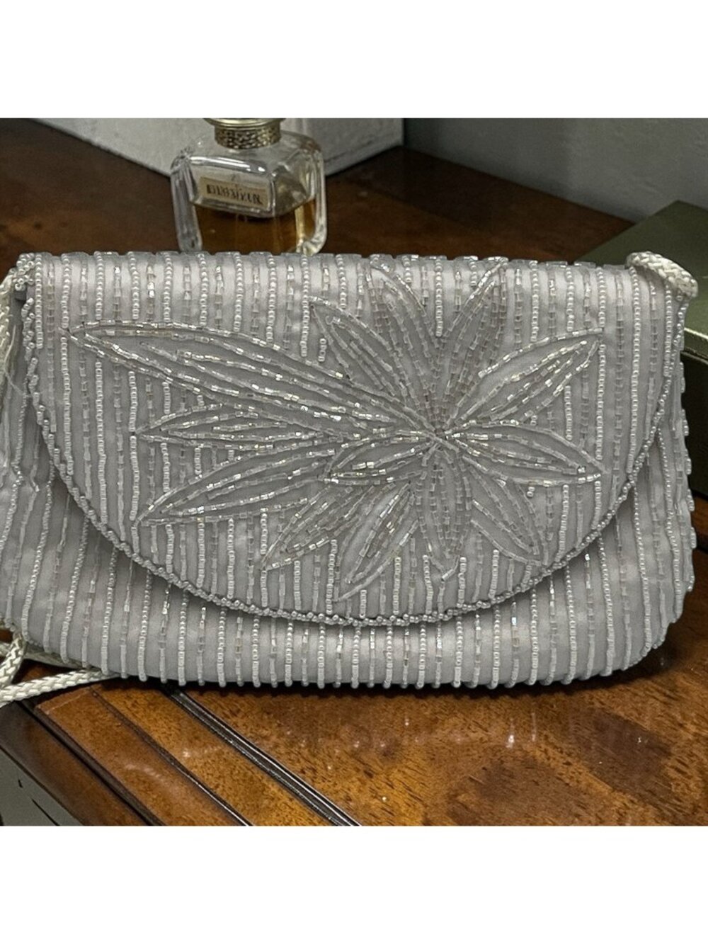 Vintage 90s White Beaded Clutch Floral Evening Bridal Purse